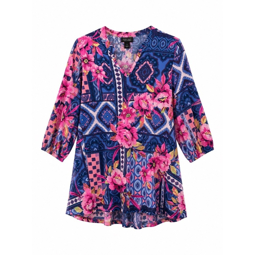 Lildy Womens Printed Bishop Sleeve Tunic Top Blue Pink Floral Paisley S-M‎